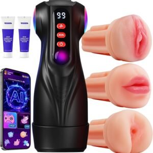 Male Masturbator Sex Toys for Men - 3 Sleeves AI Sync Pocket Pussy Penis Pump with 9 Sucking & 9 Vibrating, APP Adult Toys Mens Sex Toy, Colorful Lighting Stroker Machine Erotic Massage Kits